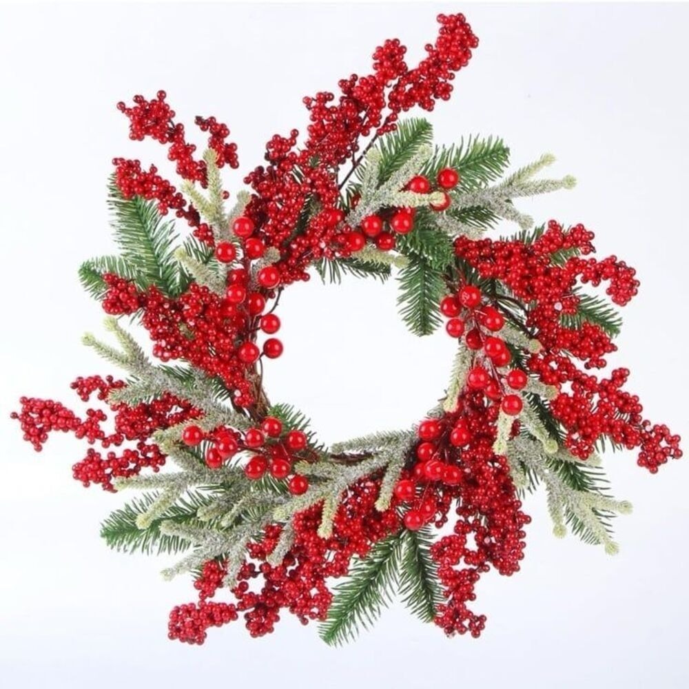 New Red Berries Christmas Wreath, 20'' Christmas Door Wreath Decoration with Hol